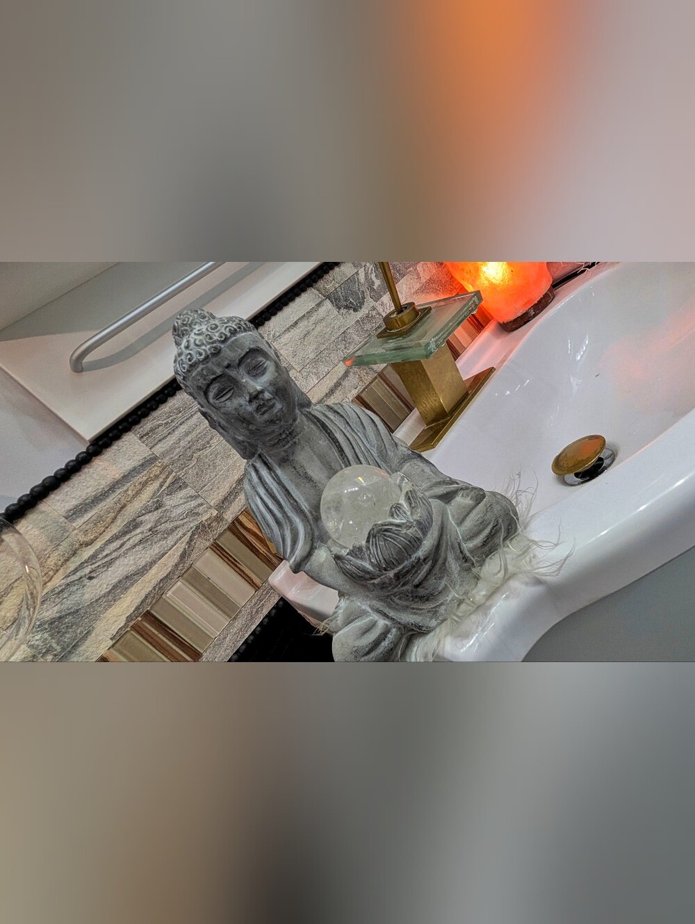 Cement Buddha with Clear Quartz Crystal Sphere